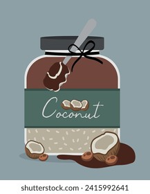Flat Design Illustration with Chocolate,Coconut at Jar and Spoon