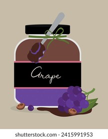  Flat Design Illustration with Chocolate,Grape at Jar and Spoon