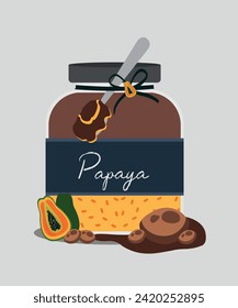  Flat Design Illustration with Chocolate,Papaya at Jar and Spoon