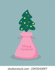 Flaches Design Illustration mit Weihnachtsbaum auf fröhlicher Weihnachtstasche