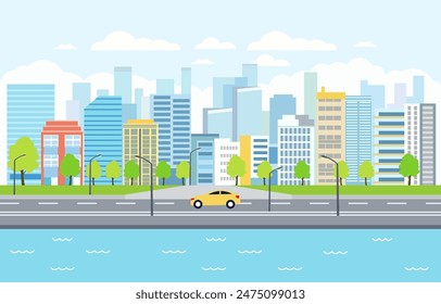 Ilustración de diseño plano del edificio del paisaje urbano con el río del lago y el coche en el tráfico por carretera en el día soleado