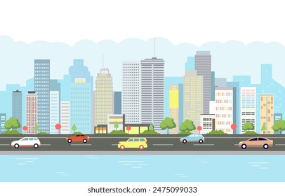 Flat Design Illustration of Cityscape Building with Lake River and Car in Road Traffic on Sunny Day