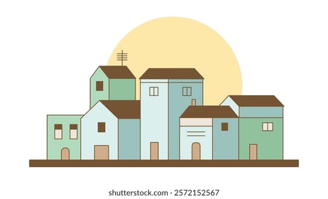 Flat Design Illustration of Cityscape Home House Building Landscape with Big Sun in Bright Sky