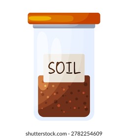 Flat design illustration of a clear glass jar with an orange lid filled with brown soil and a handwritten label, isolated on white background, gardening and science graphic design element