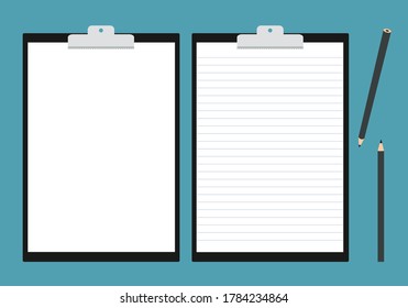 Flat design illustration of clipboard with blank white lined sheet of paper and pencil. Space to add text or graphics - vector