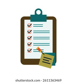 Flat Design Illustration of a Clipboard with Checklist and Sticky Note, A simple, flat design illustration of a clipboard filled with a checklist.