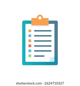 A flat design illustration of clipboard with checklist. Features document and colorful square indicators, clean vector graphic style.