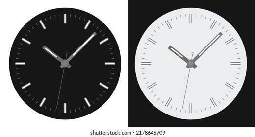 Flat design illustration of a clock face with minute, hour and second hands. Collection of white and black colors - vector