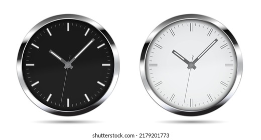 Flat design illustration of clock face in steel case with minute, hour and second hands. Collection of light and dark colors - vector