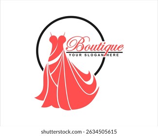 flat design illustration of a woman’s clothing store logo featuring an elegant pink gown flowing in the wind perfect for luxury boutique business branding