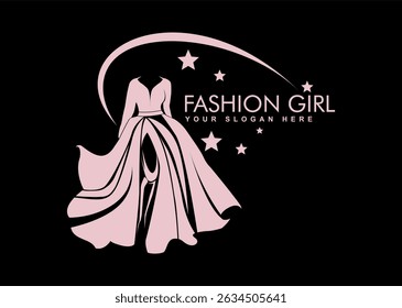 flat design illustration of a woman’s clothing store logo featuring an elegant pink gown flowing in the wind perfect for luxury boutique business branding