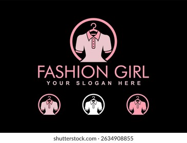 flat design illustration of a woman’s clothing store logo featuring a feminine pink casual outfit inside a circle great for relaxed fashion shop branding