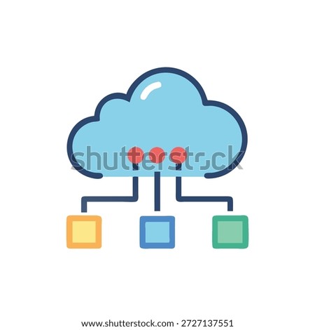 Flat design illustration of cloud connected to yellow blue and green blocks. Network connection graphic style.
