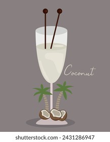 Flat Design Illustration with Coconut Drink Glass	