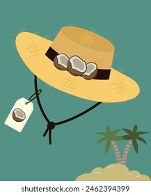 Flat Design Illustration at Coconut Hat Straw and Sale Tag,Palms