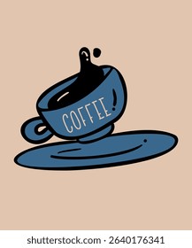 Flat Design Illustration with Coffee Cup at Hand Draw Doodle Style