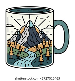 Uma ilustração de design plano de uma caneca de café. O interior da caneca exibe uma cena de paisagem estilizada com montanhas cobertas de neve, um rio sinuoso, pinheiros e um efeito de explosão solar, sugerindo um nascer ou pôr do sol. A caneca em si tem uma alça azul-petróleo e aro.