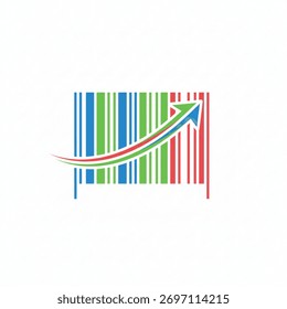Flat design illustration of a colorful barcode with an upward arrow, symbolizing business growth, sales increase, and e-commerce success