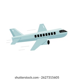 Ilustração plana de um avião comercial voando em movimento, ideal para viagens, aviação ou temas de transporte.