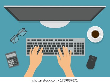 Flat design illustration of computer keyboard and monitor in office on desk with cup of coffee, mobile phone and calculator. Hands writing text - vector