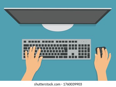 Ilustración de diseño plano del teclado, el ratón y el monitor de la computadora en la oficina sobre el escritorio. Texto de escritura manual - vector