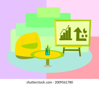 Flat design illustration concept business sofa, table and data analysis board, Sofa Chair Red Modern with background concept, 
interior decoration design elements, meeting room flat design ilustration