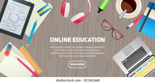 Flat design illustration concept for education, study, career training, teamwork, business learning. Isolated workspace elements on wood desktop background - laptop, tablet, headphones, glasses