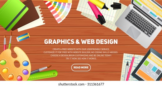 Flat design illustration concept for education, study, career training, teamwork, business learning. Isolated workspace elements on wood desktop background - laptop, tablet, pantone, palette, pencil