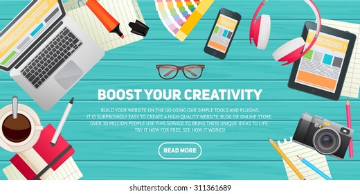 Flat design illustration concept for education, study, career training, teamwork, business learning. Isolated workspace elements on wood desktop background - laptop, tablet, pantone, palette, headset