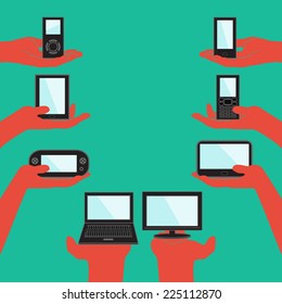 Flat design illustration concept for electronic devices. Gadgets are shown on the palms of the hands. Vector illustration.