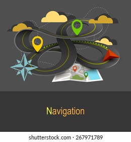 Flat design illustration concept in gray colors. Wavy highway, road markers and navigation map