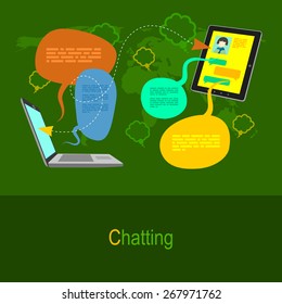 Flat design illustration concept in green colors. Devices and social communication