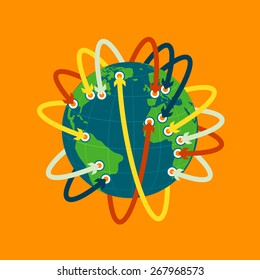 Flat design illustration concept in yellow colors. Worldwide international delivery