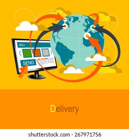 Flat design illustration concept in yellow colors. Order worldwide international delivery online