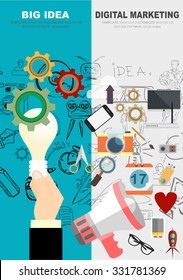 Flat design illustration concepts for big idea, marketing, brainstorming, business, team work, company strategy,  digital marketing. Concepts for web banner and promotional material.