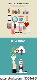 Flat design illustration concepts for big idea, marketing, brainstorming, business, team work, company strategy, digital marketing. Concepts for web banner and promotional material.