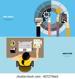 Flat design illustration concepts for big idea, marketing, brainstorming, business, team work, company strategy, project management. Concept for web banner and promotional material.