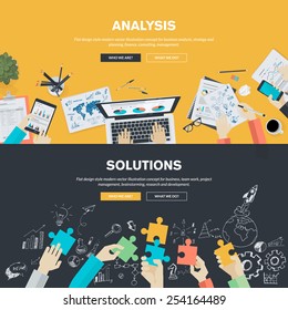 Flat design illustration concepts for business analysis and planning, consulting, team work, project management, brainstorming, research and development. Concepts web banner and printed materials.