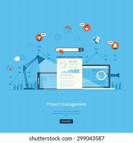 Flat design illustration concepts for business analysis and planning, consulting, team work, project management and development. Concepts web banner and printed materials.