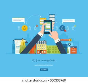 Flat design illustration concepts for business analysis and planning, consulting, team work, project management and development. Concepts web banner and printed materials.