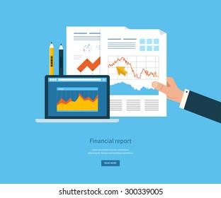 Flat design illustration concepts for business analysis, financial report, consulting, team work, project management and development. Concepts web banner and printed materials.