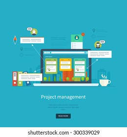 Flat design illustration concepts for business analysis and planning, consulting, team work, project management and development. Concepts web banner and printed materials.