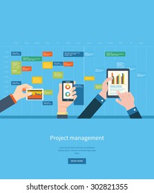 Flat design illustration concepts for business analysis and planning, consulting, team work, project management and development. Concepts web banner and printed materials.