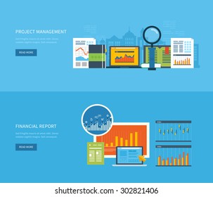 Flat design illustration concepts for business analysis, financial report, consulting, team work, project management and development. Concepts web banner and printed materials.