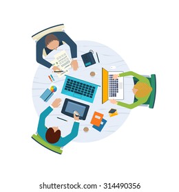 Flat design illustration concepts for business analysis and planning, team work, financial report, project management and development.  Top view banner