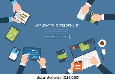 Flat design illustration concepts for business analysis, consulting, teamwork, project management and application development.