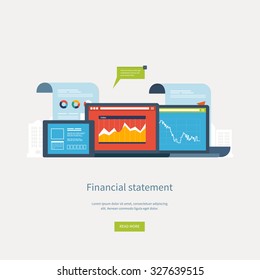Flat design illustration concepts for business analysis, financial statement, consulting, team work, project management and development. Concepts web banner and printed materials.