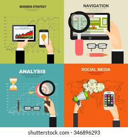 Flat design illustration concepts for business analysis and planning, consulting, team work, holding tablet with mobile navigation.  Social media, chatting. Global communication.