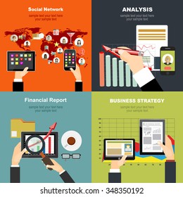 Flat design illustration concepts for business analysis and planning, consulting, team work, project management,partnership, social network. Concepts web banner and printed materials.