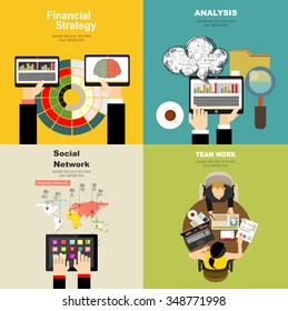 Flat design illustration concepts for business analysis and planning, consulting, team work, project management,partnership, social network. Concepts web banner and printed materials.